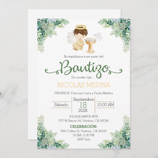 Baptism Invitation Spanish boy greenery  (Devant / Derrière)