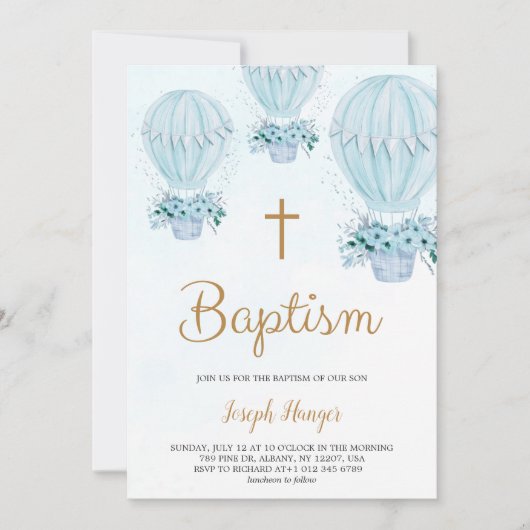 Baptism invitation with blue hot air balloon  (Devant)