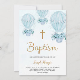 Baptism invitation with blue hot air balloon  kaart