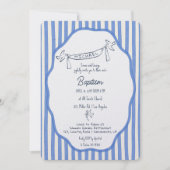 Baptism invitation with doves blue pinstripes (Devant)