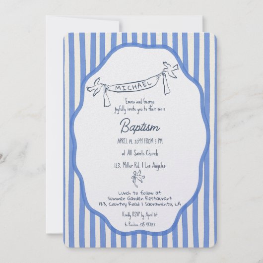 Baptism invitation with doves blue pinstripes (Devant)