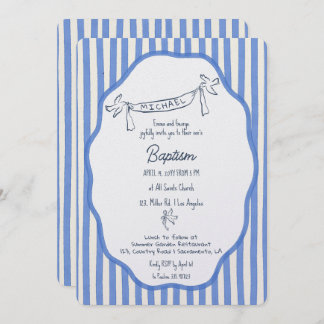 Baptism invitation with doves blue pinstripes kaart