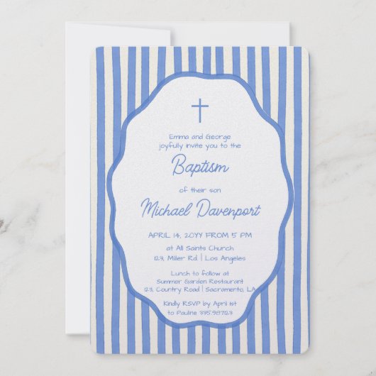 Baptism invitation with fancy blue pinstripes (Devant)