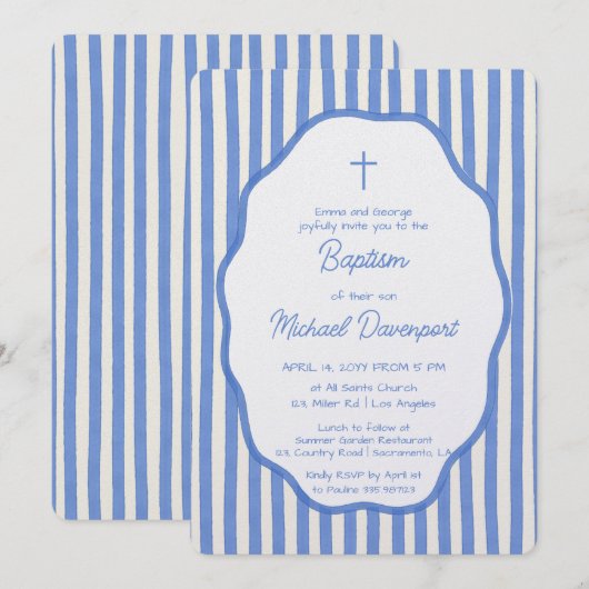 Baptism invitation with fancy blue pinstripes (Devant / Derrière)