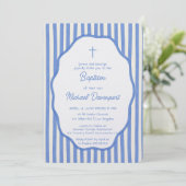 Baptism invitation with fancy blue pinstripes (Debout devant)