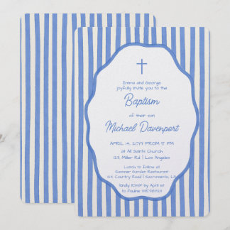 Baptism invitation with fancy blue pinstripes kaart