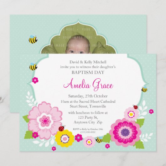 BAPTISM INVITATIONS :: thème du jardin 2 (Devant / Derrière)