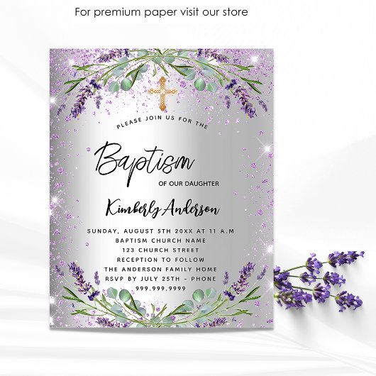 Baptism lavender Silver violet budget uitnodiging Flyer