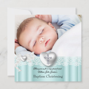 Baptism Mint Blue Lace Foto Heart Cross Boy Girl Kaart