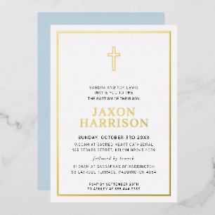 BAPTISM modern elegant cross-boy baby blauw Folie Uitnodiging