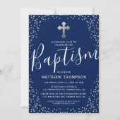 Baptism Navy Blue Silver Glitter Christening Kaart (Voorkant)