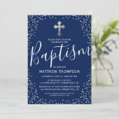 Baptism Navy Blue Silver Glitter Christening Kaart (Staand voorkant)