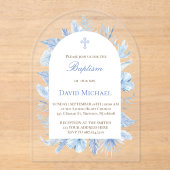 Baptism pastel blue foliage acrylic invitation (Recto)