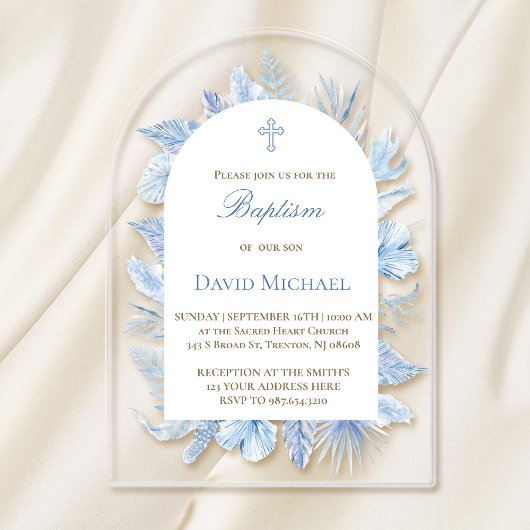 Baptism pastel blue foliage acrylic invitation