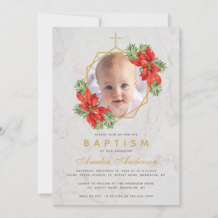 Baptism Photo Winter Poinsettia Marble Gold Floral Kaart