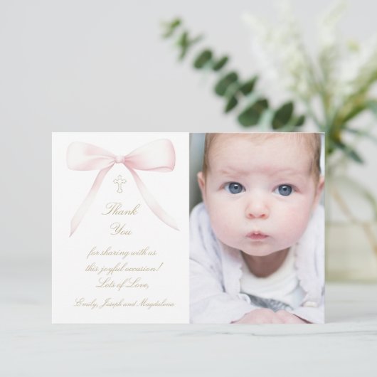 Baptism pink bow thank you card kaart (Staand voorkant)