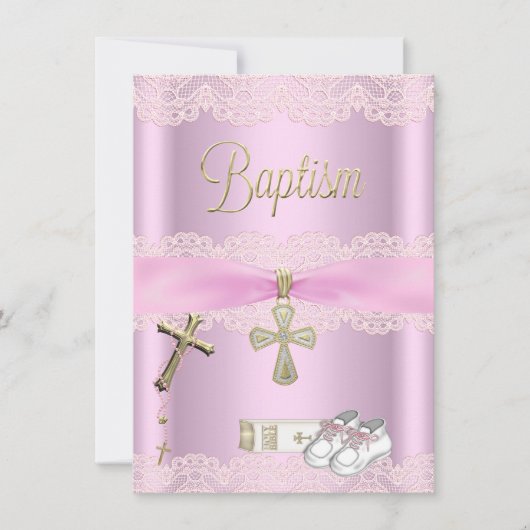 Baptism Pink Cross Girl Lace Christening Kaart (Voorkant)