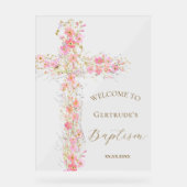 Baptism pink flowers cross welcome clear sign (Recto)