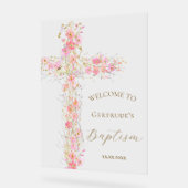 Baptism pink flowers cross welcome clear sign (Angle)