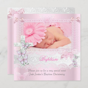 Baptism Pink Lace Photo Butterfly Cross Girl 2 Kaart