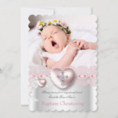 Baptism Pink Silver Photo Heart Cross Girl Kaart (Voorkant)