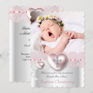 Baptism Pink Silver Photo Heart Cross Girl Kaart