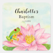 Baptism Pink Waterlily & Tree Frog Vierkante Sticker (Voorkant)