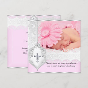 Baptism Pink White Lace Foto Jewel Cross Girl 3 Kaart