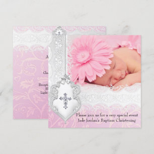 Baptism Pink White Lace Foto Jewel Cross Girl Kaart