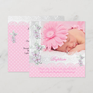 Baptism Pink White Lace Photo Butterfly Cross Girl Kaart
