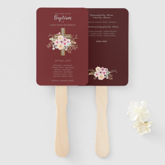 Baptism-programma Fan - Floral Cross Burgundy Handwaaier (Voorkant en achterkant)