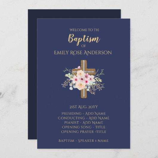 Baptism-programma - Floral Cross BLUE Gold Programma (Voorkant / Achterkant)
