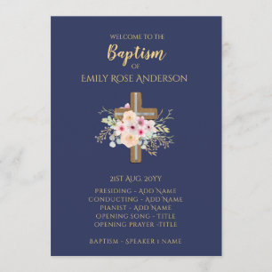 Baptism-programma - Floral Cross BLUE Gold Programma