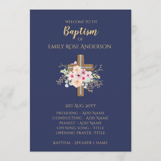 Baptism-programma - Floral Cross BLUE Gold Programma (Voorkant)