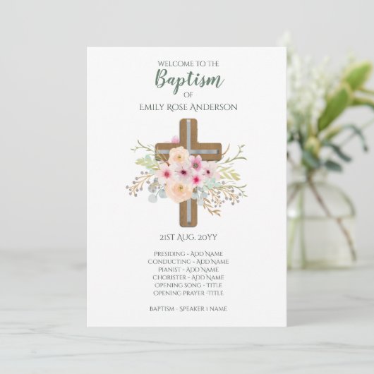 Baptism-programma - Floral Cross - Boy of Girl Programma (Staand voorkant)