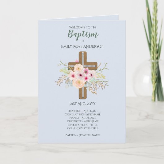 BAPTISM-programma van 4 pagina's - Floral Cross Bl Programma (Voorkant)