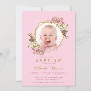 Baptism Roze meisje Foto Orchids Floral Geometric Kaart
