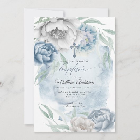 BAPTISM Rustic Dusty Blue Alabaster Flowers Kaart (Voorkant)