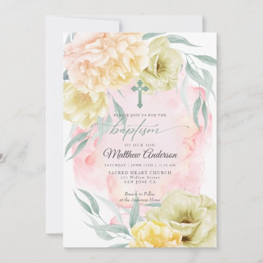 BAPTISM Rustic Ivory Coral Yellow Floral Kaart (Voorkant)