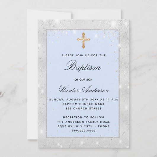 Baptism Silver Blue Boy sparkles script luxe Kaart (Voorkant)