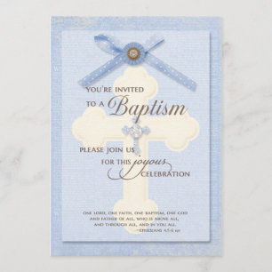 Baptism Uitnodiging - Blauw met kruis en ribbo