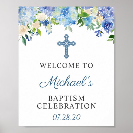 Baptism Welkomstteken Blauw Hydrangea Floral Poster (Voorkant)