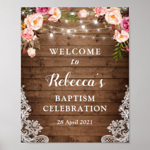 Baptism Welkomstteken Rustic Floral String Lights Poster