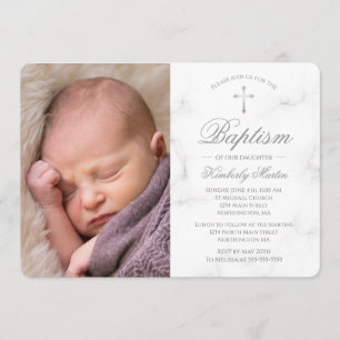 Baptism White Marble Silver Cross Photo Girl Kaart