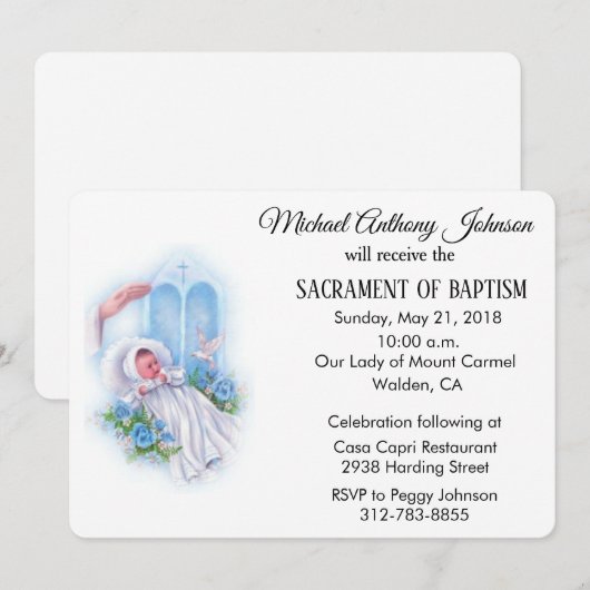 Baptismal Baby Boy Blauwe Bloemen Uitnodiging (Voorkant / Achterkant)