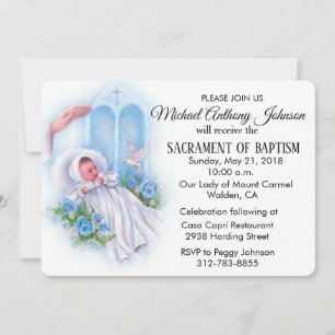 Baptismal Baby Boy Blue Flowers Invitation