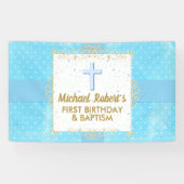 Baptisme 1e verjaardag Boy Blue Gold Text Polka Do Spandoek (Horizontaal)