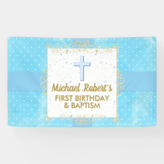 Baptisme 1e verjaardag Boy Blue Gold Text Polka Do Spandoek (Horizontaal)