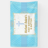 Baptisme 1e verjaardag Boy Blue Gold Text Polka Do Spandoek (Verticaal)