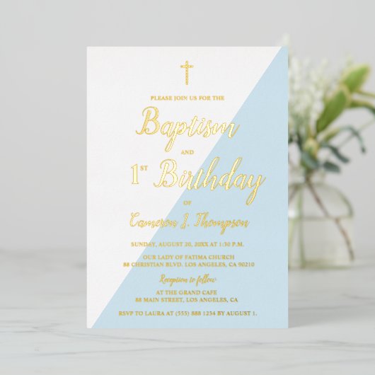 Baptisme 1e verjaardag Uitnodiging Blauw Goud Krui (Staand Voorkant)